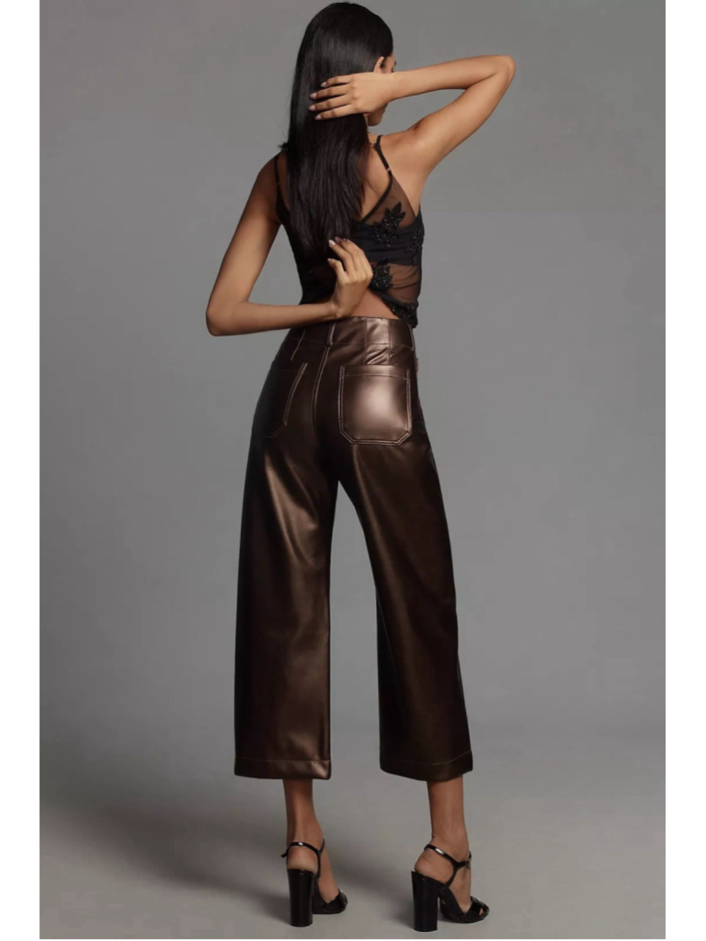 Anthropologie Maeve Colette Cropped Wide Leg Pants Faux Leather Brown 28 - Picture 2 of 7